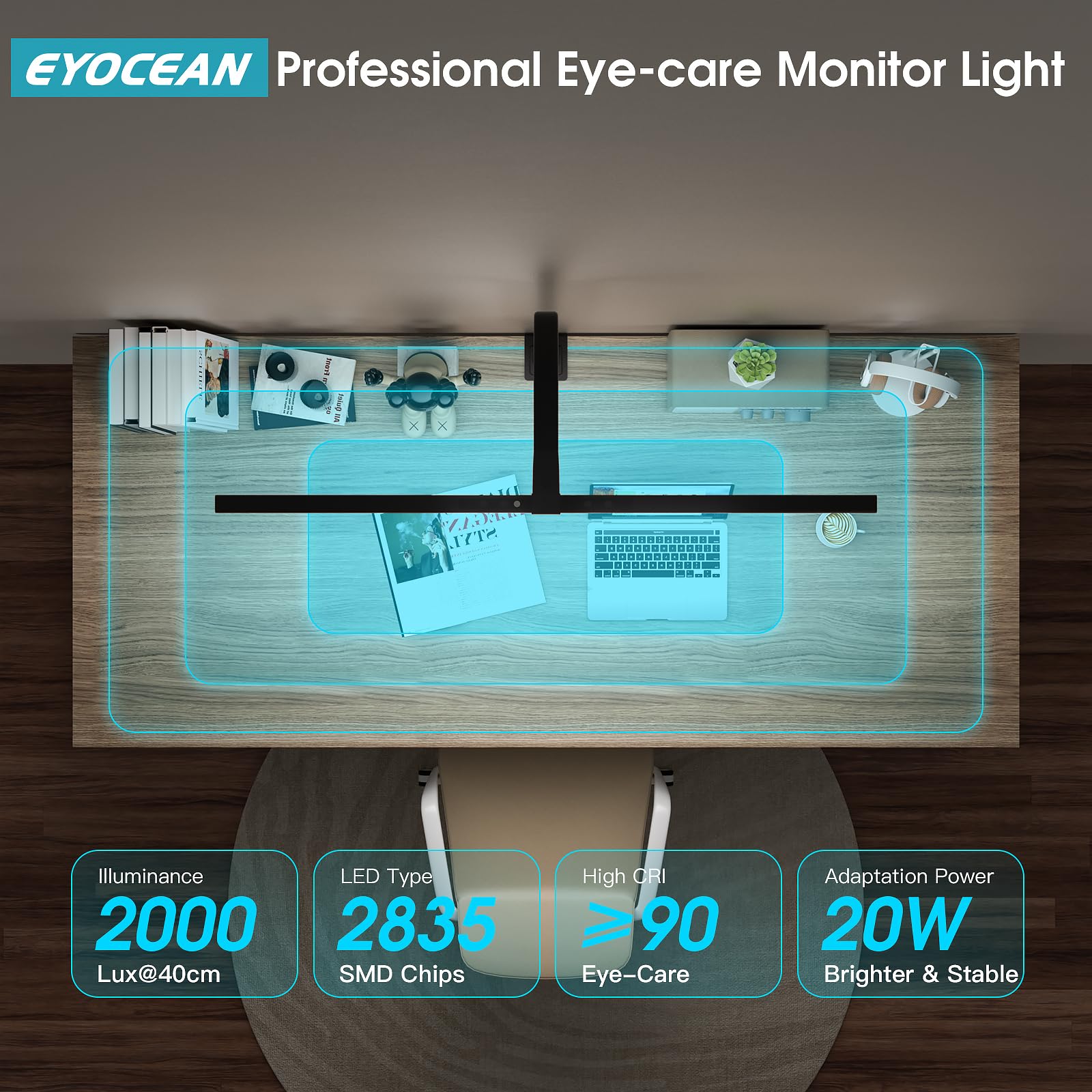 EYOCEAN Schreibtischlampe LED mit Auto-Dimmen, 80cm Tischlampe Klemmbar mit einstellbarer Farbtemperaturen, Augenschutz Vollspektrum Tageslichtlampe, Klemmleuchte mit Timer Funktion