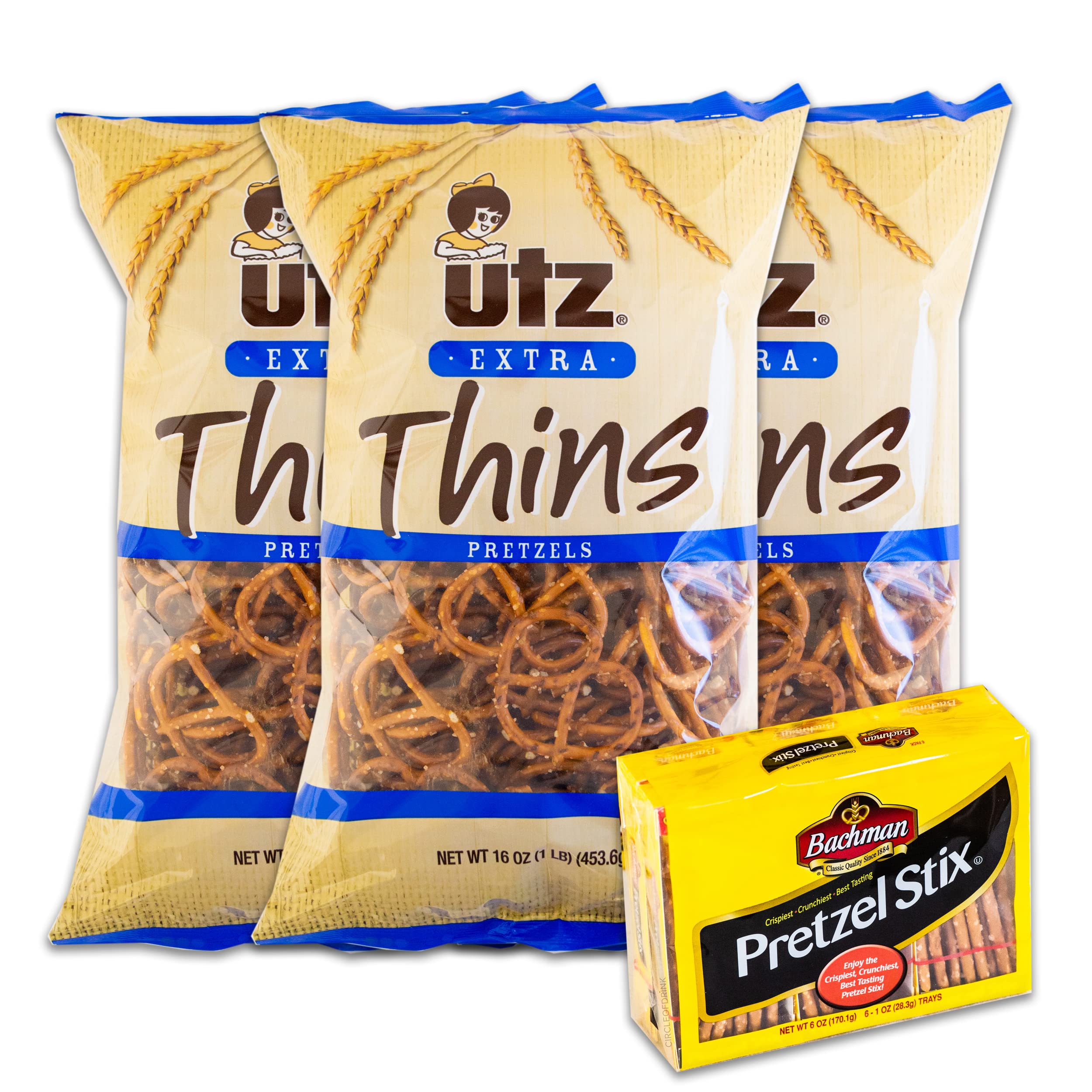 Buy Utz Extra Thins Pretzels (3, 16oz bags) Variety Pack Bachman Pretzel Stix (1, 61oz