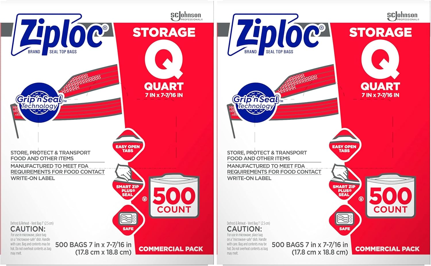 SC Johnson Professional, Ziploc Storage Bags, For Food Organization and Storage, Double Zipper Seal, Easy-Open Tabs Quart, 500 Count (Pack of 2)