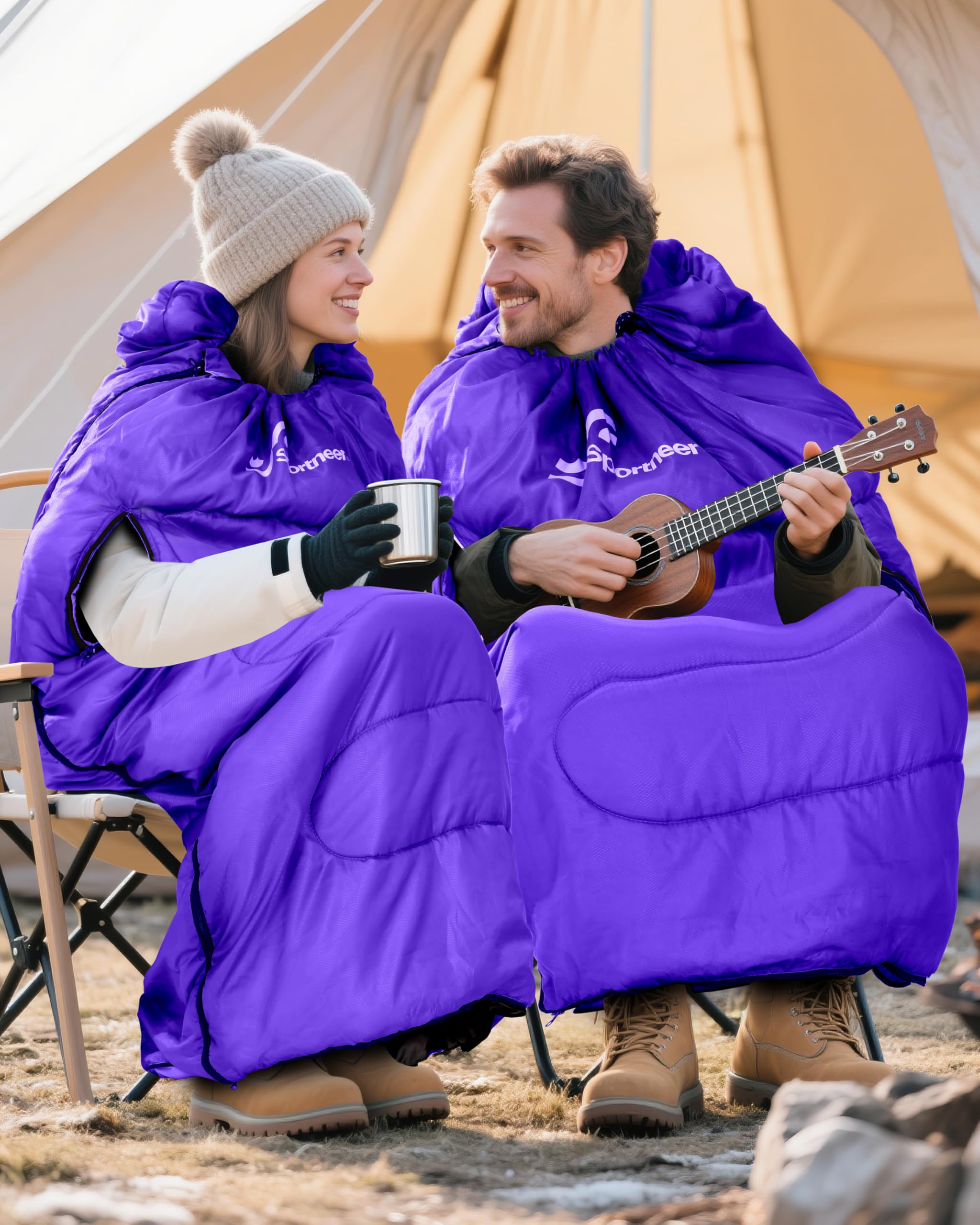 Sportneer Saco de Dormir portátil Adecuado para Las 4 Estaciones con Orificios con Cremallera para Brazos y pies Saco de Dormir Individual para Adultos para Senderismo y Viajes, 20 Grados, Púrpura