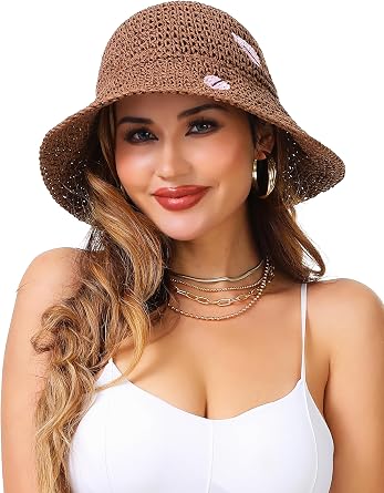 LA CARRIE Womens Sun Hat Floppy Packable Wide Brim UV Protection UPF 50+ Straw Hat with Embroidery for Summer Beach