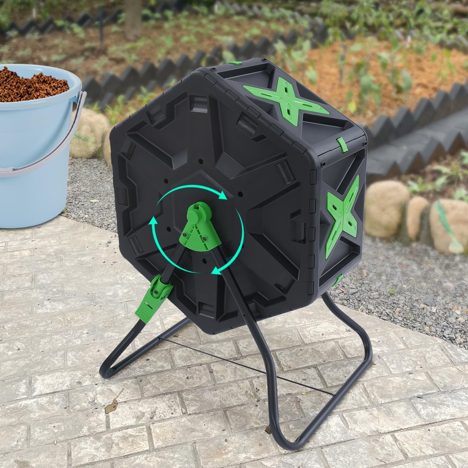 Compostador giratorio de 70 litros, contenedor de compostaje giratorio de 360°, contenedor de compost de una sola cámara, para jardines, balcones, patios, cocinas, económico y práctico, negro y verde