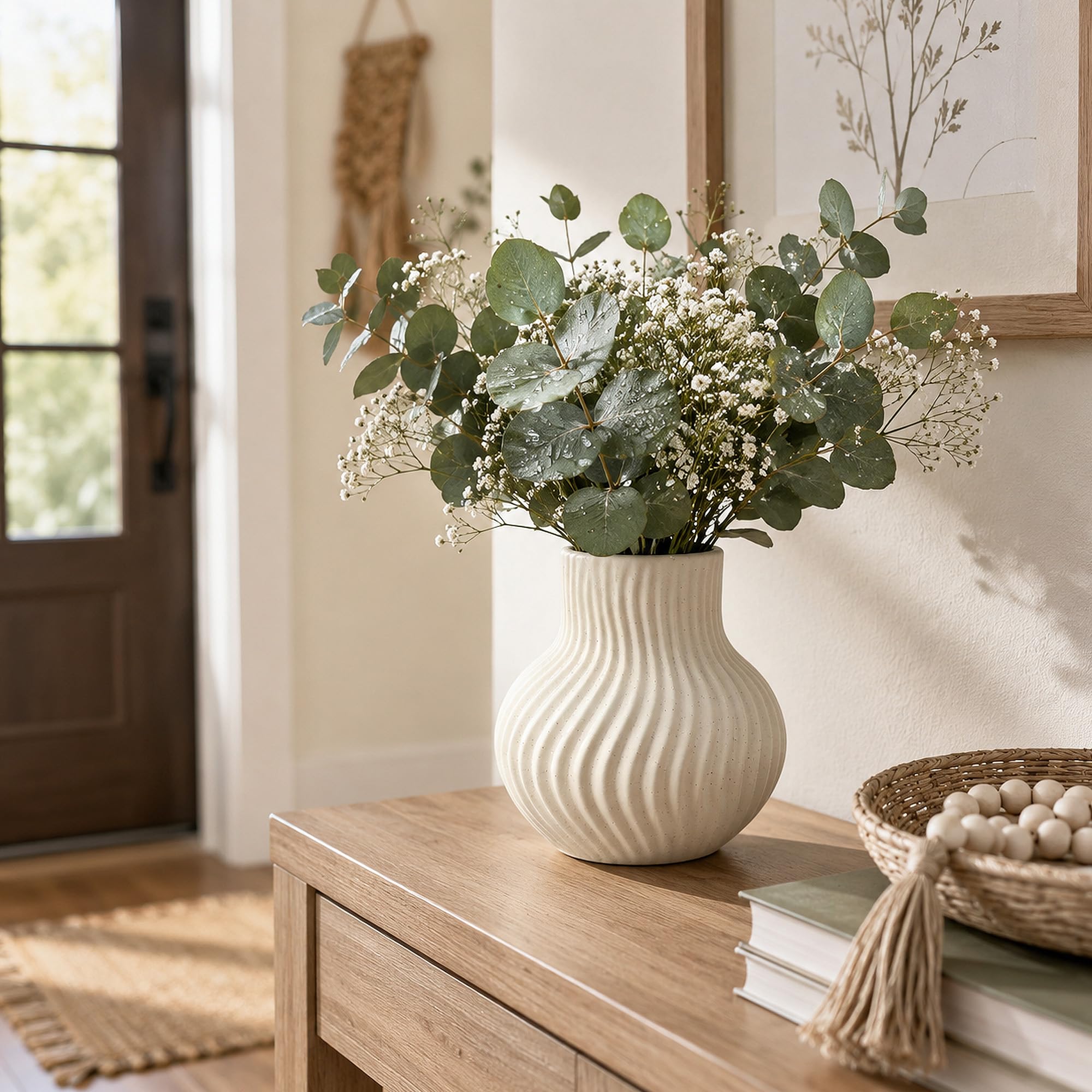 White Ceramic Vase, Modern Ribbed Flower Vase for Pampas Grass (Off White) | Cream Beige Wavy Decorative Vase, Boho Table Centerpiece for Living Room, Minimalist Ceramic Flowerpot, Dried Flowers Decor