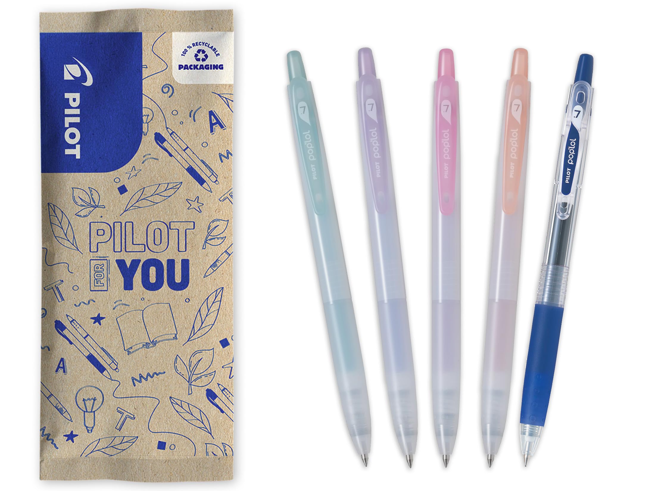 PILOT - Set of 5 Pop'Lol - Gel Ink Roller - Printable and Refillable - Smooth Writing - Pastel Colours Green, Purple, Pink, Orange + Blue - Medium Tip