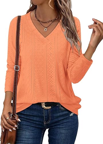 KISSMODA Long Sleeve Fall Shirts For Women V Neck Tunic Tops Embroidered Button Down Knitted Blouses 2025