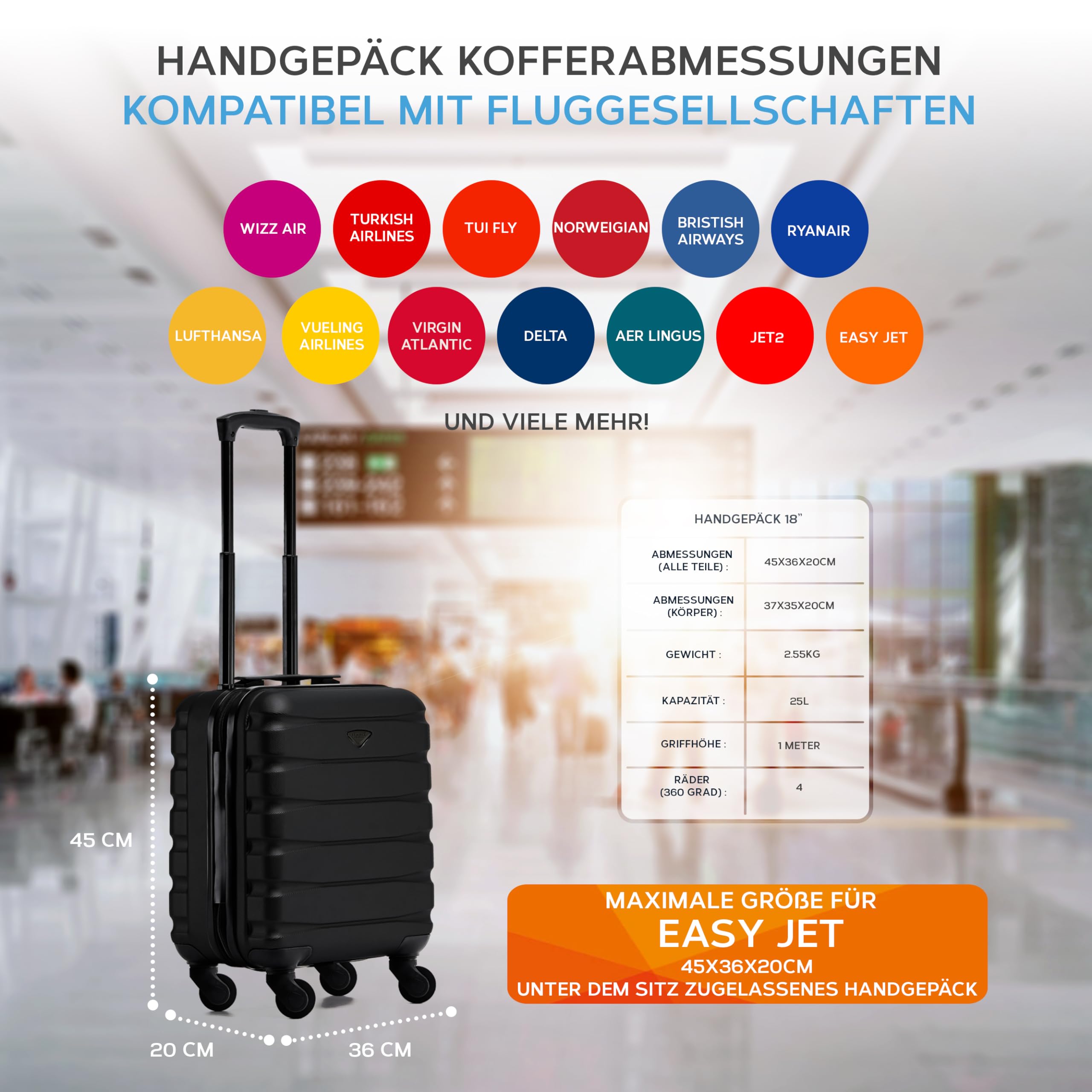 Flight Knight Leichtes, Starres Abs-handgepack Mit 4 Radern, Zugelassen Fur Uber 100 Fluggesellschaften, Darunter Air France, Ryanair Und Easyjet, 45x36x20cm