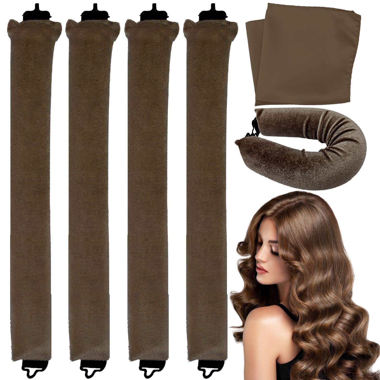4Pcs Hair Curlers, Heat-Free Rollers with Square Head Wrap, No Heat Overnight Curls for Long Hair (Brown)