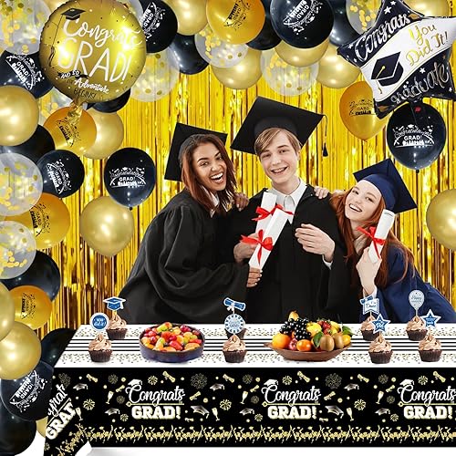 Miniatura 5 de Decoraciones de graduación negras y doradas 2023, decoraciones de graduación de clase de 2023, pancarta de felicitaciones negras y doradas,