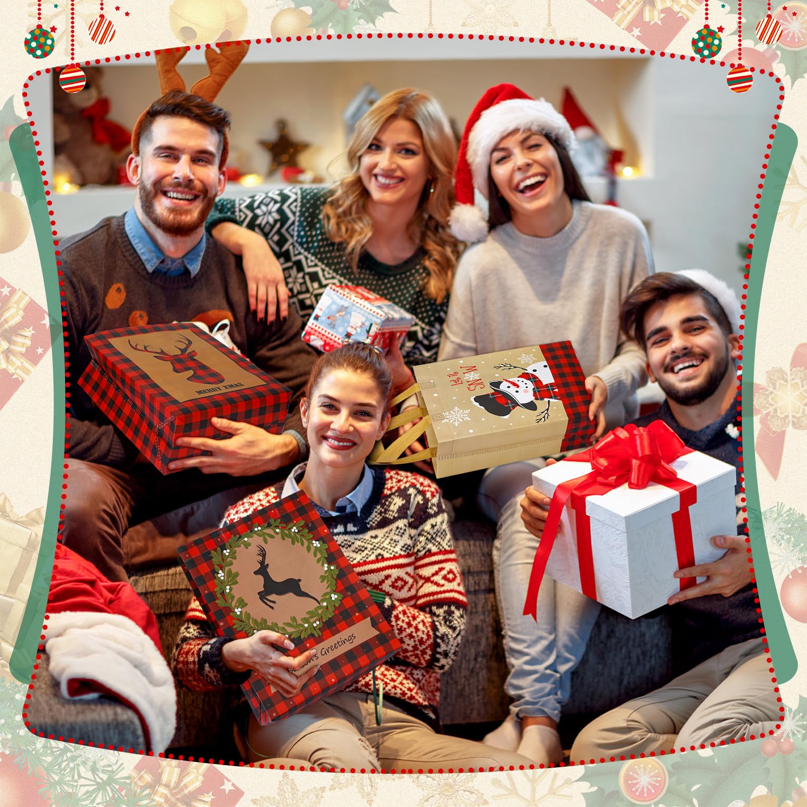 Sweetude 60 bolsas de Navidad reutilizables a granel a cuadros de renos feos no tejidas con asa para fiestas de Navidad, 12.6 x 9.84 pulgadas
