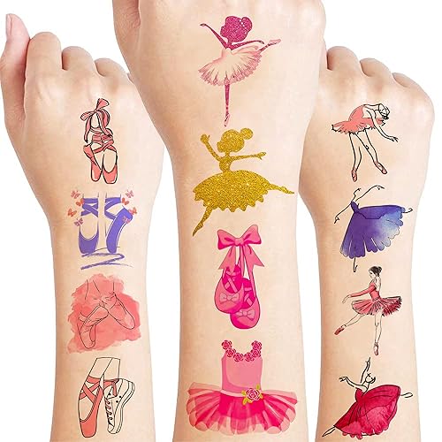 Tatuajes de bailarina con temática de decoración de fiesta de cumpleaños, suministros de decoración de 96 piezas, 8 hojas, lindas calcomanías