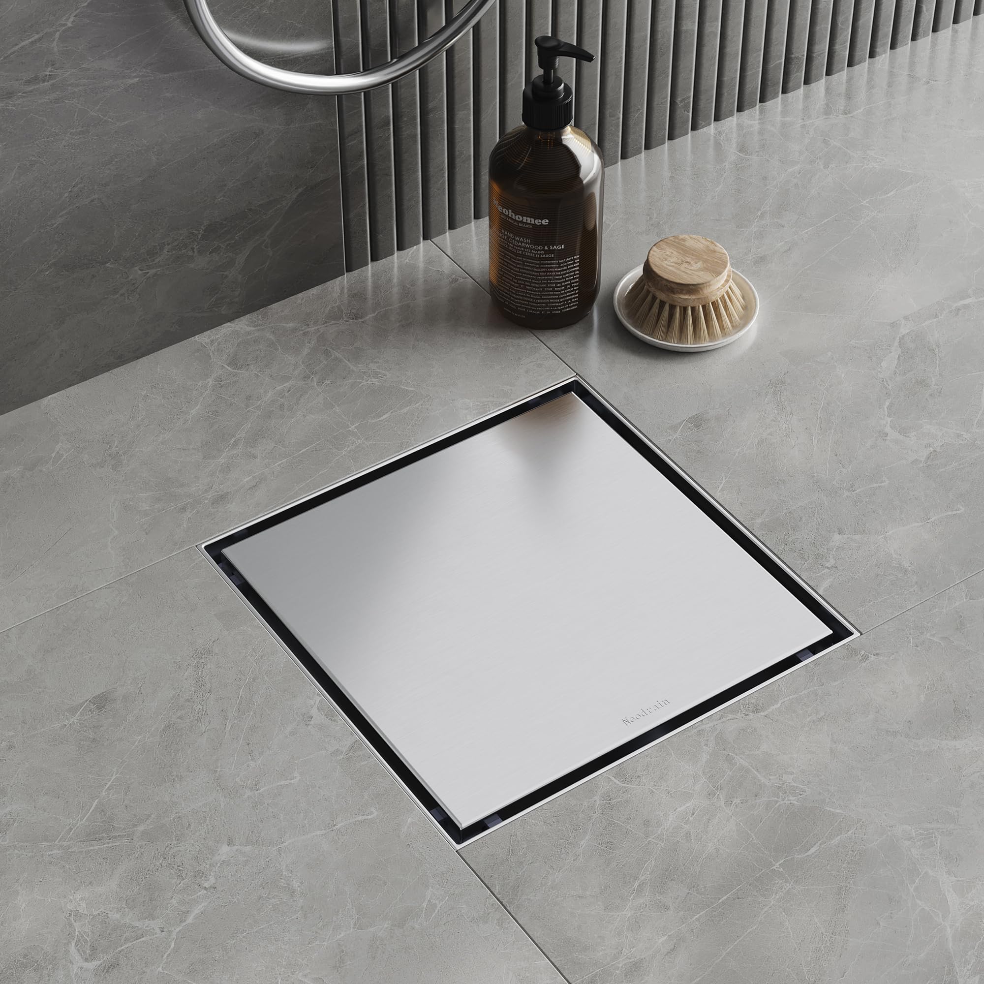 Neodrain Canaleta de ducha cuadrada de acero inoxidable 304, 20 x 20 cm, con sifón de 360°, desagüe de ducha 2 en 1, desagüe de ducha, tapón de olor y filtro de pelo, canalón