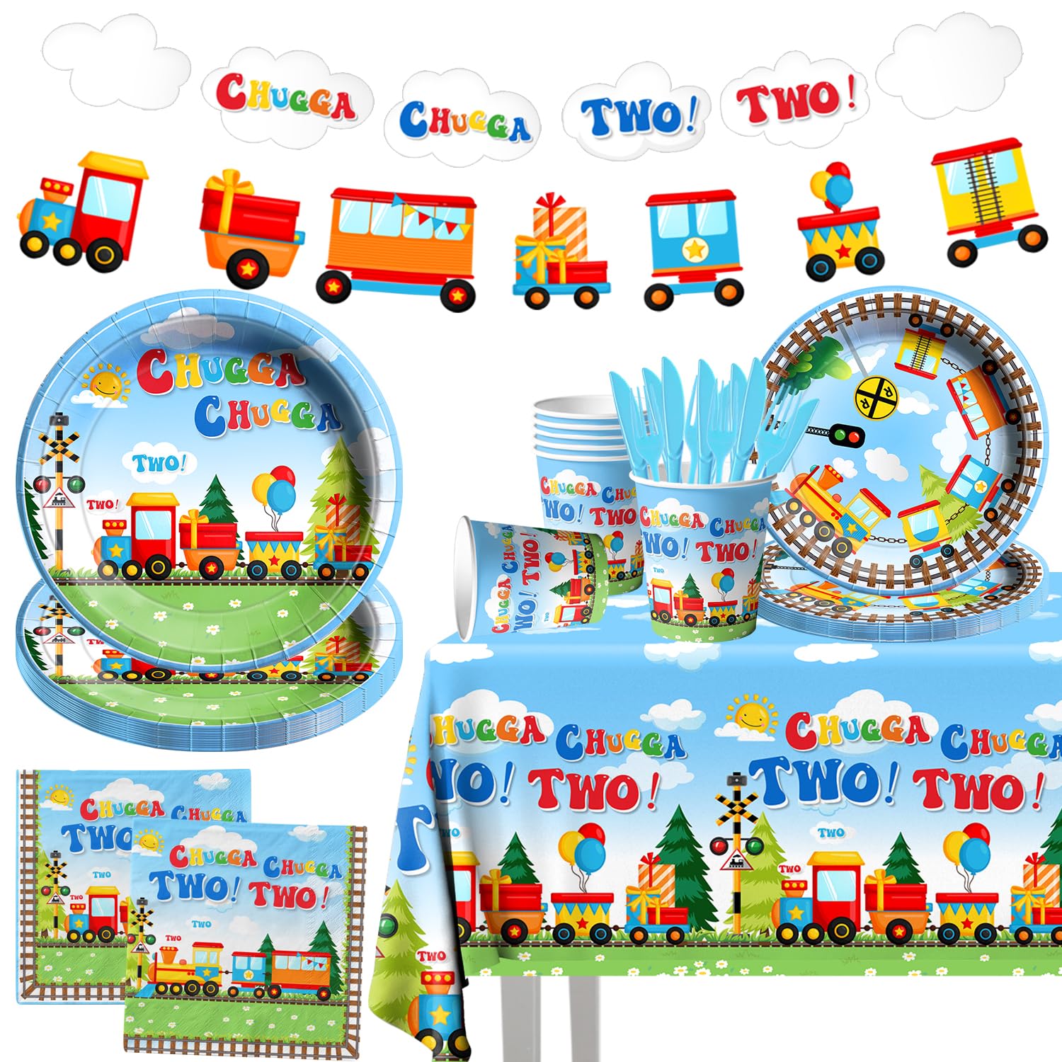 Chuagaa Chugga Two Two 142PCS Birthday Decoration Train Paper Plates Tableware Set - Transportation Table Cloth Banner Cups for 2nd Birthday Train Party Supplies