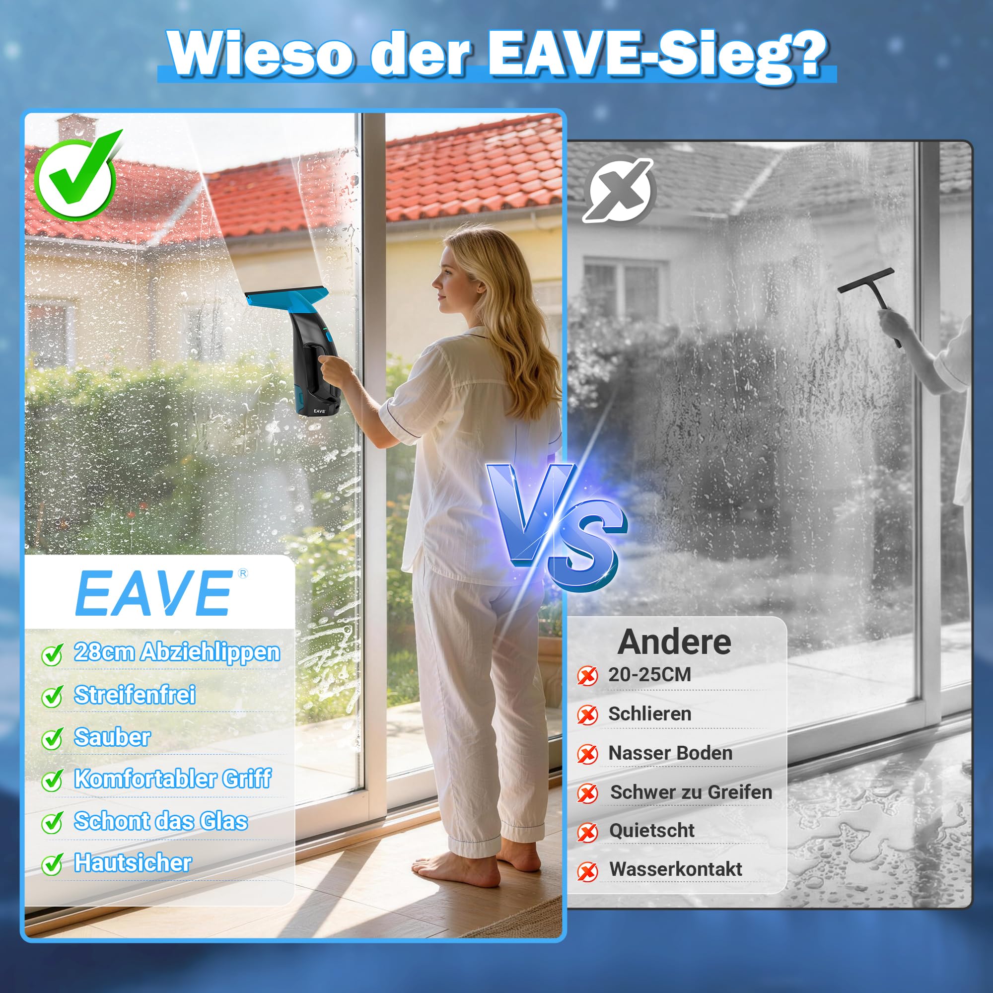 EAVE Fenstersauger Set, Akku Fenstersauger 45 Minuten Akkulaufzeit, Fensterreiniger Elektrisch 28cm Saugdüse 200ml Wassertank