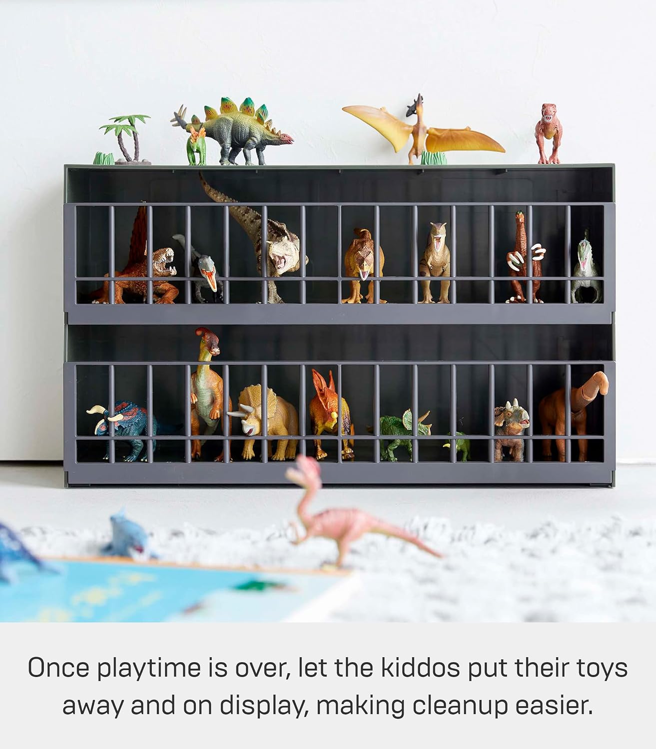 YAMAZAKI Home Two-Tier Toy Dinosaur and Animal Display Storage Rack, Childrens' Toy Bin Organizer Box, Plastic, Stackable, No Assembly Req.