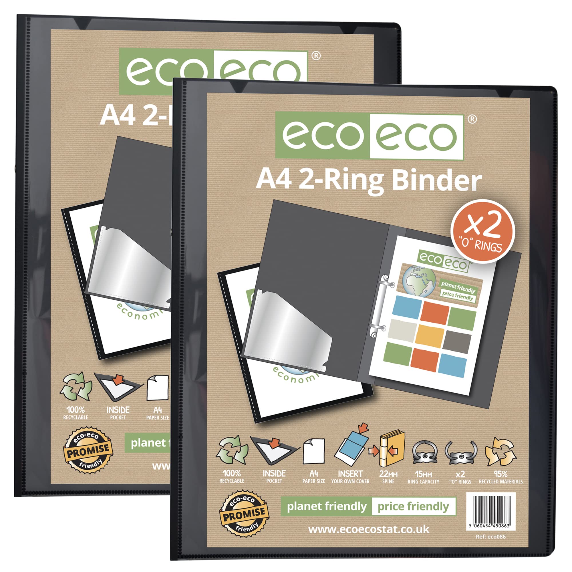 eco-eco A4 95% Recycled Presentation 22mm Spine 2 Ring Binder Black, (Pack of 2), eco086x2