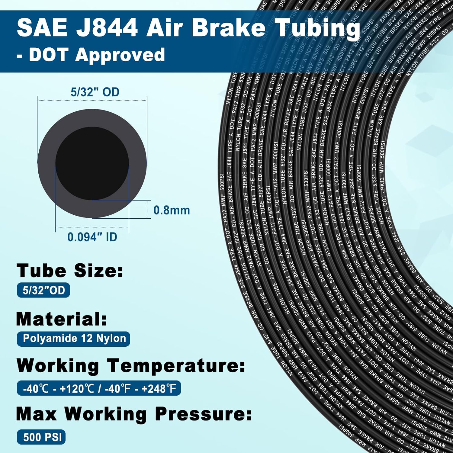 35FT 5/32 DOT Air Line SAE J844 PA12 Nylon Air Hose with Cutter 5/32” OD Pneumatic Tubing DOT Approved 5/32 Air Brake Hose for Air Suspension Kit Truck Trailer Brake System & Fluid Transfer 11m