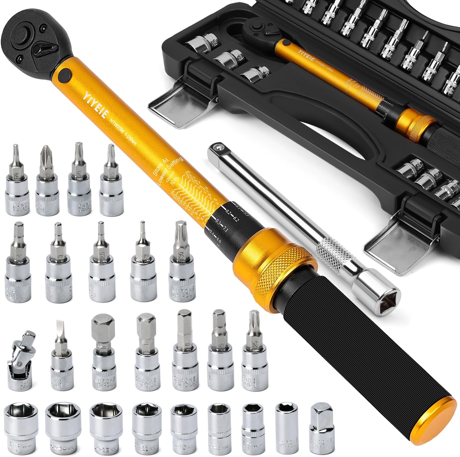 YIYEIE 1/4 Inch Drive Bike Torque Wrench, 1-25 Nm (10-222.5 in.lb), 27 PCS Click Bicycle Torque Wrench with Bit Sockets, 0.1 Nm Micro, 72-Tooth Ratchet, 3/8 Adapter, for MTB, E-Bike, Motorcycle