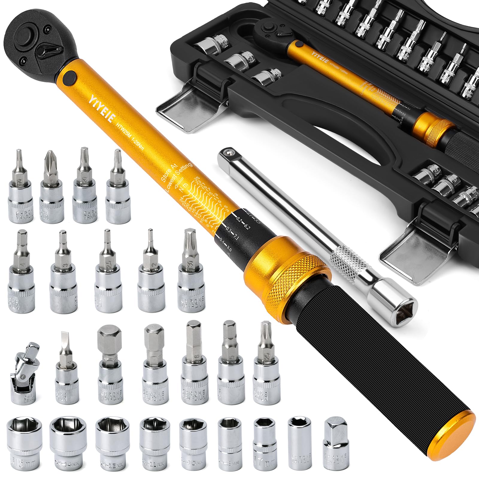YIYEIE 1/4 Inch Drive Bike Torque Wrench, 1-25 Nm (10-222.5 in.lb), 27 PCS Click Bicycle Torque Wrench with Bit Sockets, 0.1 Nm Micro, 72-Tooth Ratchet, 3/8 Adapter, for MTB, E-Bike, Motorcycle