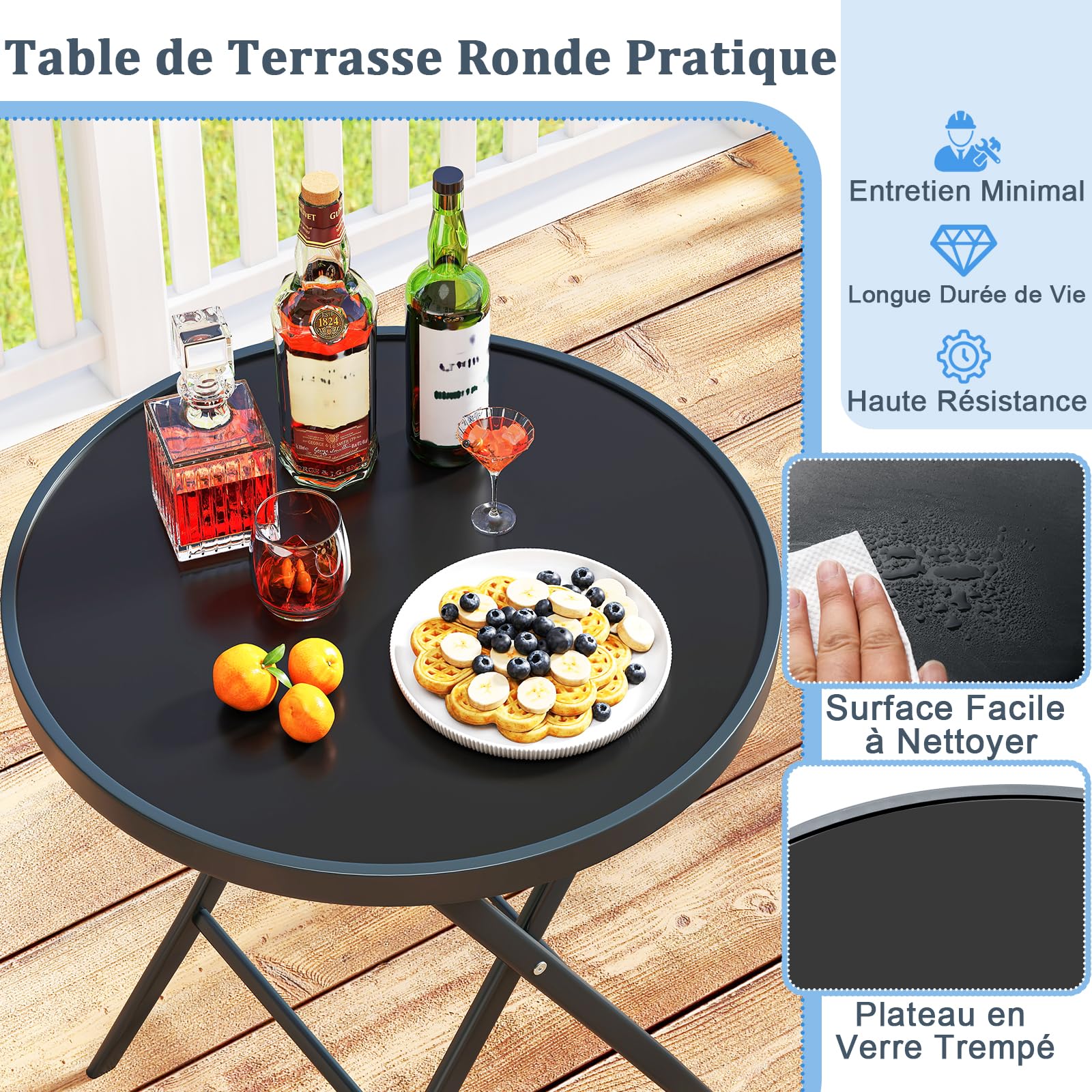 GOPLUS Salon de Jardin Exterieur 2 Personnes, Salon de Balcon Bistro avec Table en Verre Trempé et 2 Chaises, avec Cadre Métallique pour Terrasse, Jardin et Balcon (2 Personnes,Noir)
