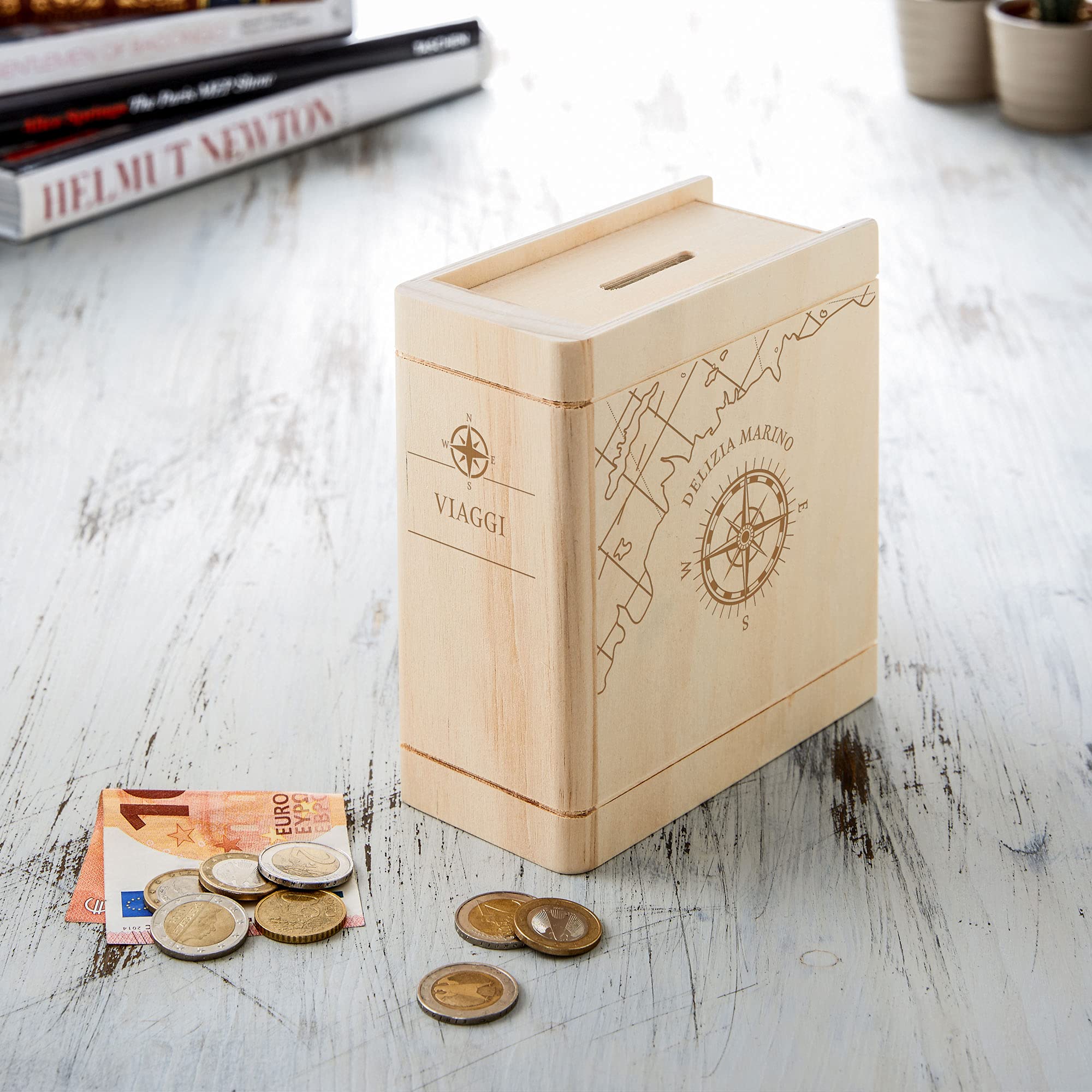 Spruchreif Salvadanaio a forma di libro con incisione, salvadanaio in legno con incisione, regalo per denaro, salvadanaio a libro, salvadanaio, regalo per motociclisti, cassa per motociclisti