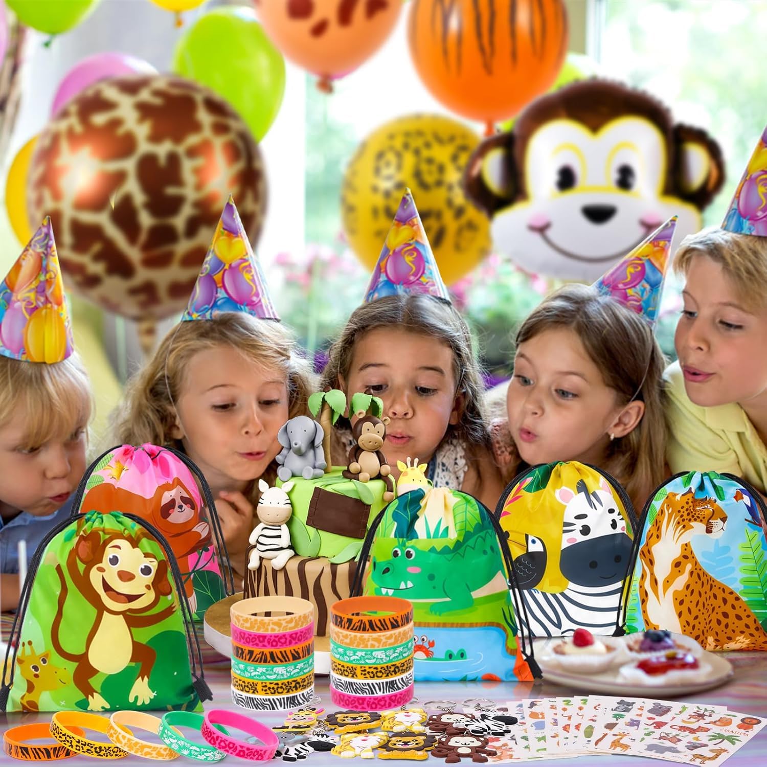 Cleboen 48 Pezzi Animal Gadget Compleanno Festa Animal Borse Coulisse Braccialetti in Silicone Portachiavi Tatuaggi Adesivi per Bambino Giungla Party Bomboniere Regalo