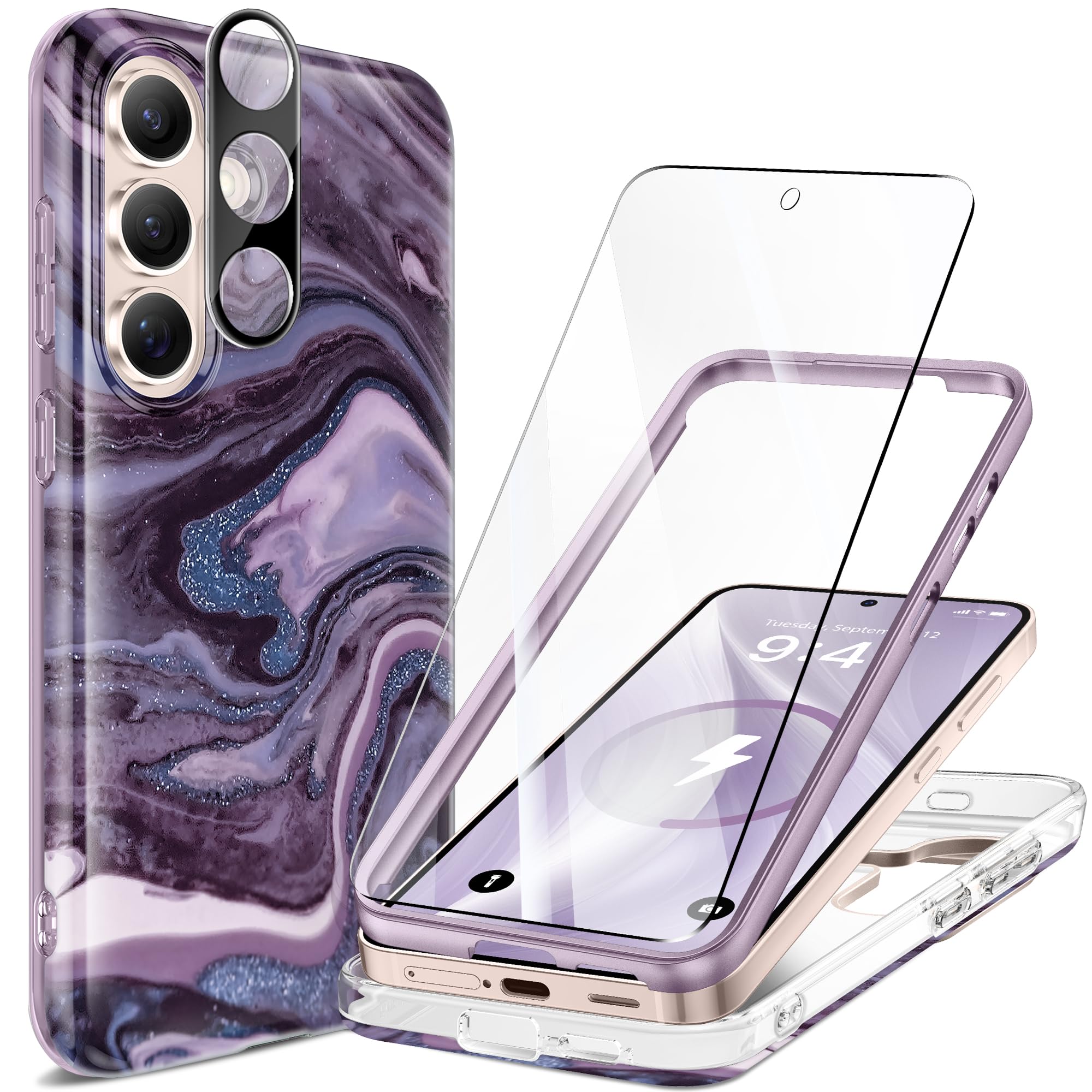 GVIEWIN Magnetic for Samsung Galaxy S25 Plus Case [Compatible with MagSafe] [AI-Tested Dropproof] Marble with Camera Lens+Screen Protector Shockproof Phone Cover for S25+ Plus (Quicksand/Purple)