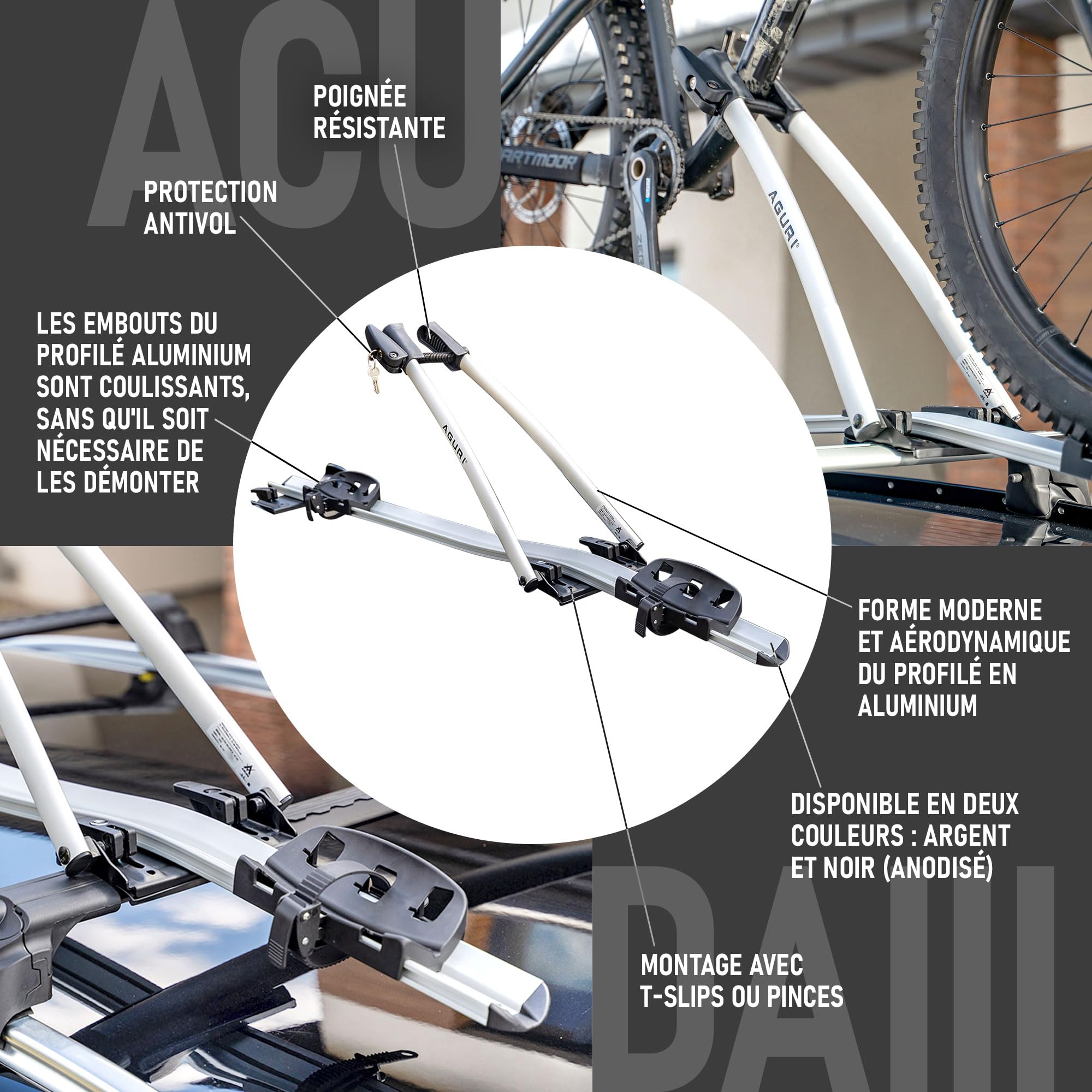 AGURI ACUDA III | Porte-vélos, Porte-vélos de Toit, Support-vélos Universel pour Le Toit de la Voiture, verrouillable | Capacité de Charge jusqu'à 20 kg | Structure en Aluminium résistante | TÜV
