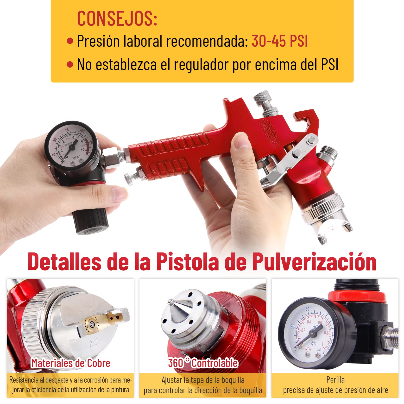 CarBole Pistola de Pintura HVLP con Taza 1000cc y 4 Boquillas