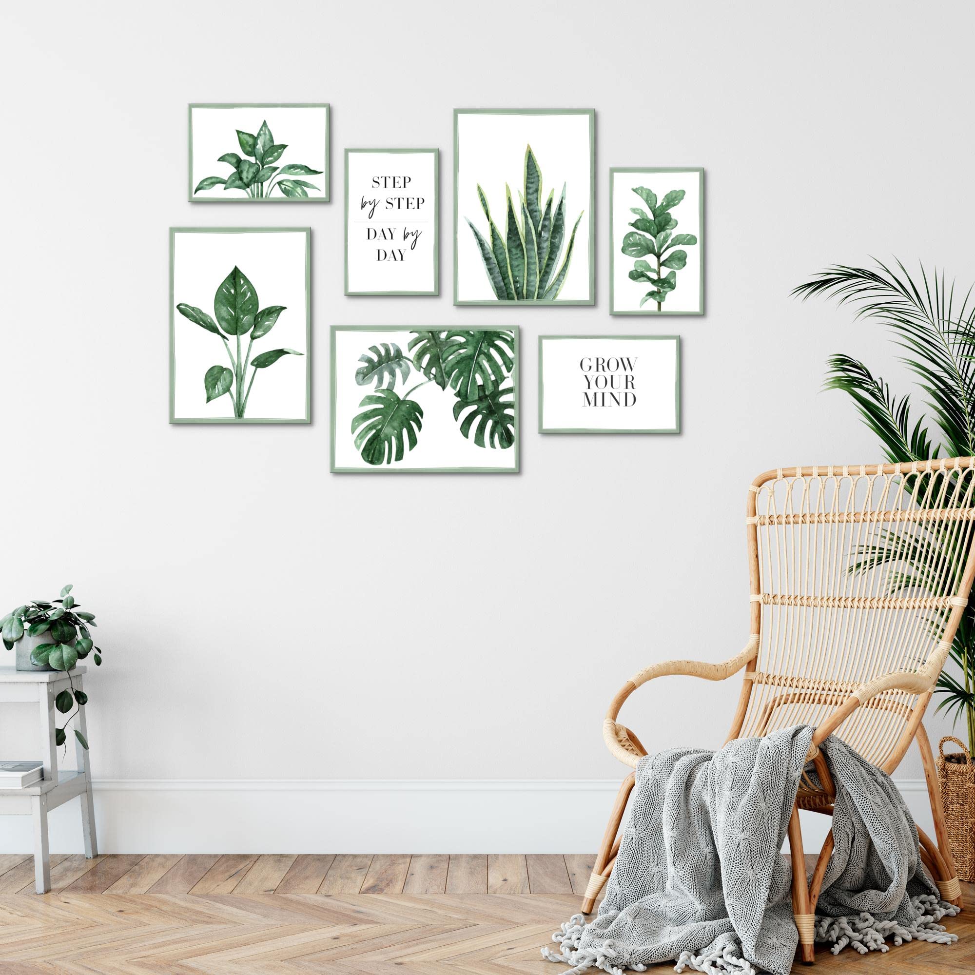 Novart Wandbilder Grüne Blätter - KOMPLETT AUFHÄNGFERTIG - Natur Wohnzimmer Schlafzimmer - 7 Moderne Mood-Bilder - N024071a