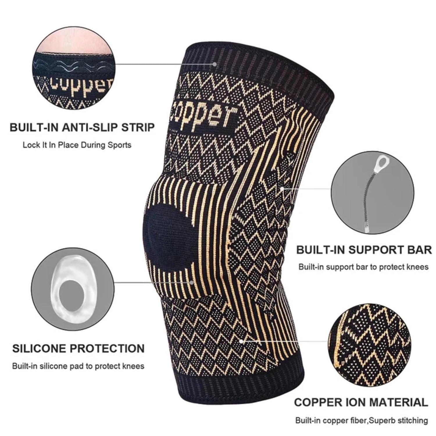 Copper Infused Knee Sleeve – Compression Support for Pain Relief, Swelling, Arthritis & Injury Recovery – Breathable, Comfortable Fit for Men & Women - (Black/Single/Large)