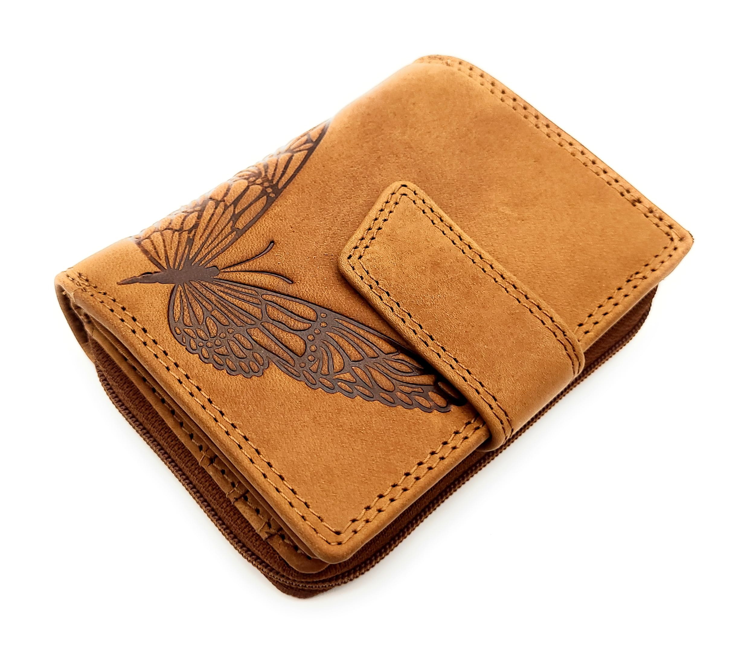 kleine echt Leder Geldbörse Portemonnaie Geldbeutel Sauvage Leder mit RFID Schutz Schmetterling (Braun)