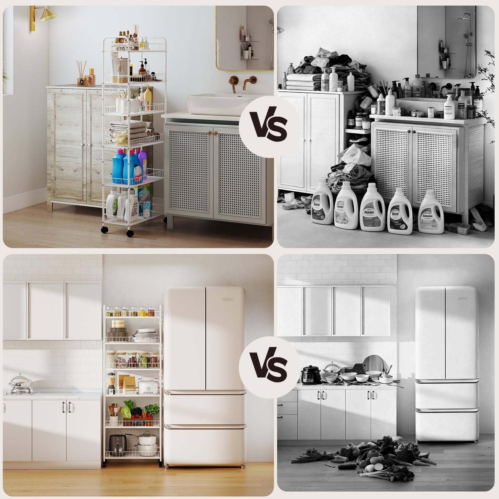 HAUSPROFI Küchenregal Schmal, 6 Etagen Regal mit Rollen, 4 Abschließbaren Rädern und Fußpolstern, 6 Haken, Griff und Korb, für Enge Räume wie Küche, Badezimmer usw., Weiß (58,0 × 25,4 × 155,5 cm)
