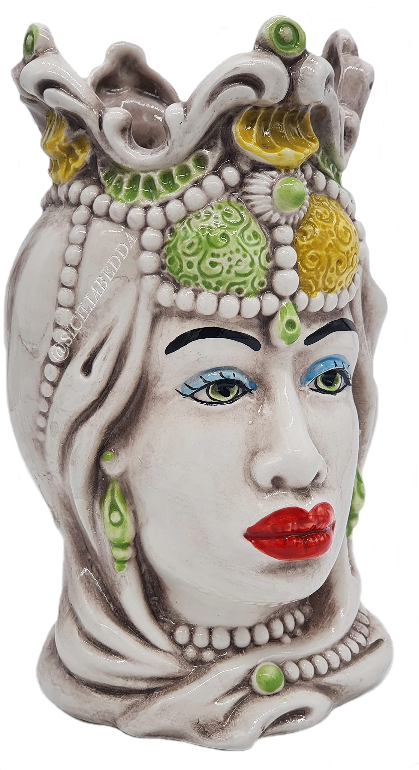 sicilia bedda - Teste di Moro Siciliane in Ceramica di Caltagirone - Realizzato Interamente a Mano - Altezza 18 Centimetri (Testa di Moro Donna Verde)