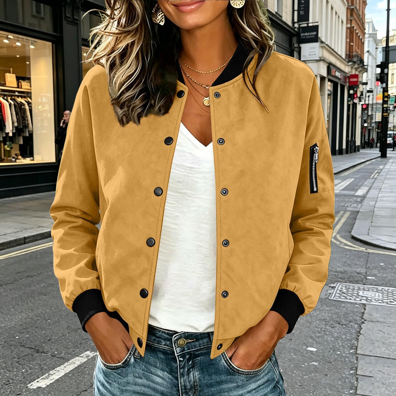 Generisch Bomberjacke Damen Winter Wildlederjacke Mit Knöpfen Pilotenjacke