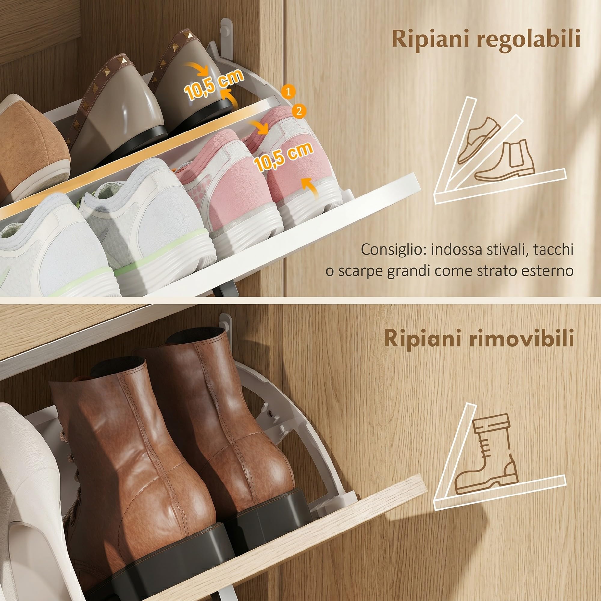 HOMCOM Scarpiera Salvaspazio Slim 2 Ante a Ribalta 8-12 Paia Bianco | Scarpiera Ingresso, Ripiani Regolabili, Porta Scarpe, Design Rustico, per Corridoio Soggiorno Ingresso