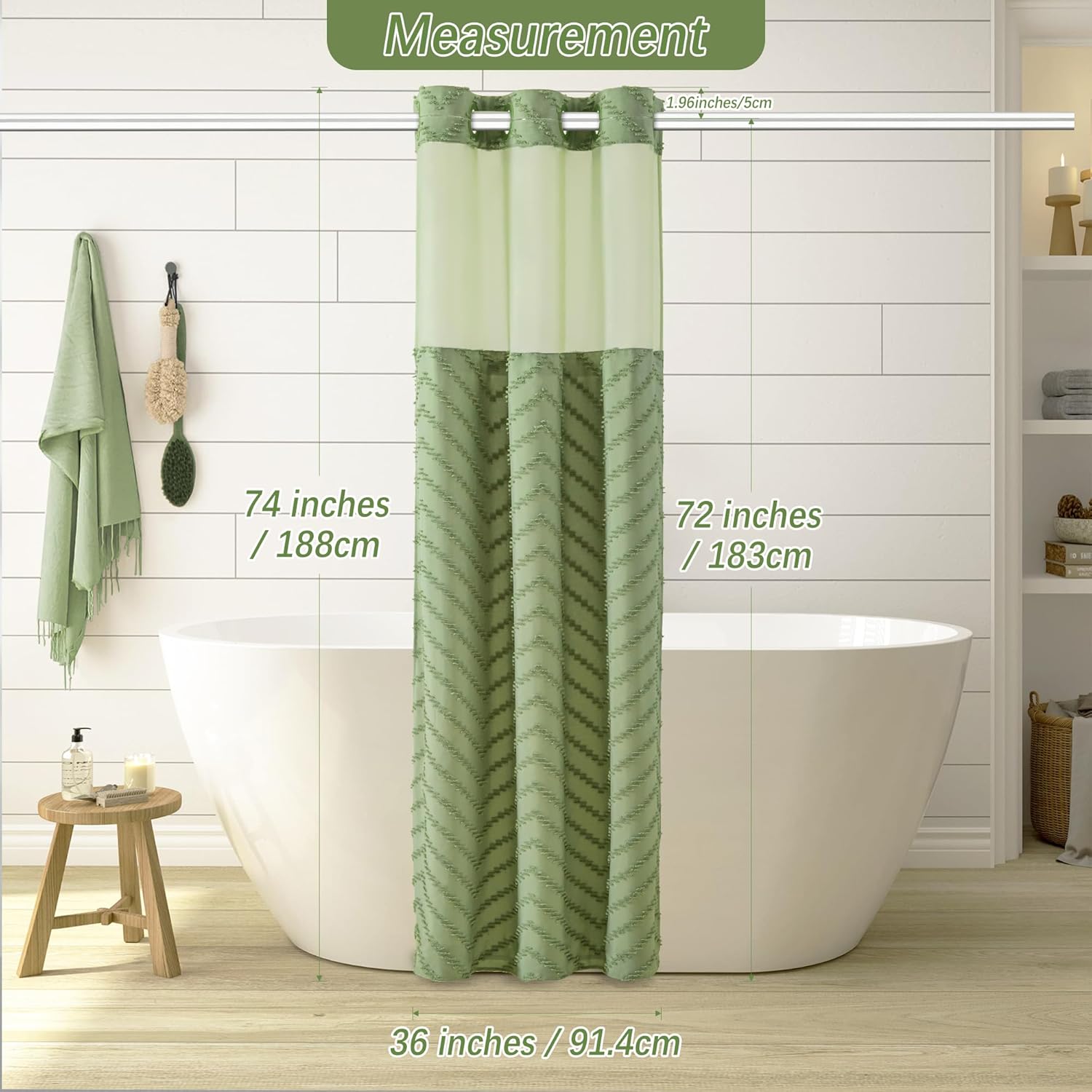 PANGSINNE No Hooks Stall Fabric Shower Curtain with Snap in Liner- Water Repellent Tufted Chevron Striped Shower Curtains for Bath Tubs, Narrow Hotel Quality Bath Curtain Set, 36Wx74H, Sage Green