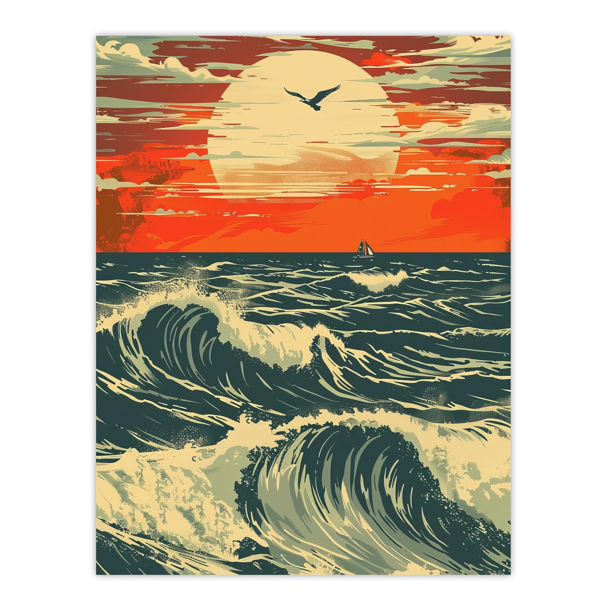 Artery8 Ocean Waves at Sunset Painting Seascape Bird Living Room Bathroom Large Wall Art Poster Print Thick Paper 18X24 Inch