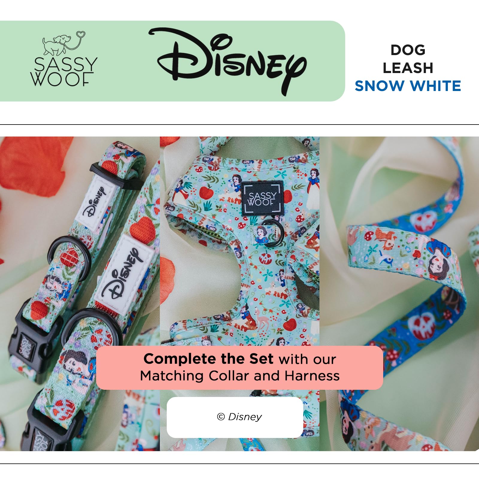 Sassy Woof Disney - Correa para perro Blancanieves de 60 pulgadas con diseño patentado y mango acolchado de neopreno, cómoda, duradera y elegante para perros pequeños a grandes