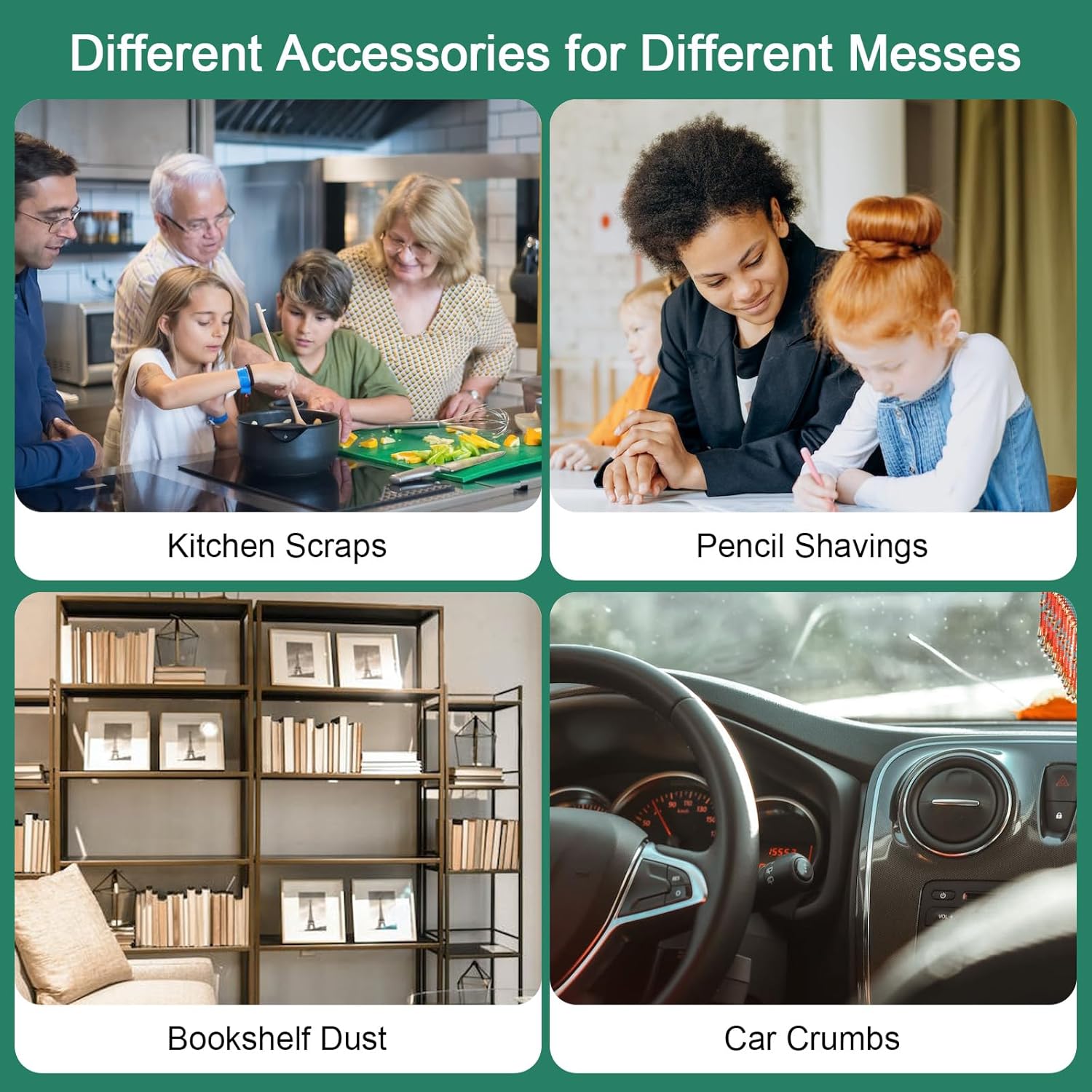 Four images showing the Cuteefun Mini Desktop Vacuum Cleaner being used in different scenarios: cleaning kitchen scraps, pencil shavings, bookshelf dust, and car crumbs.