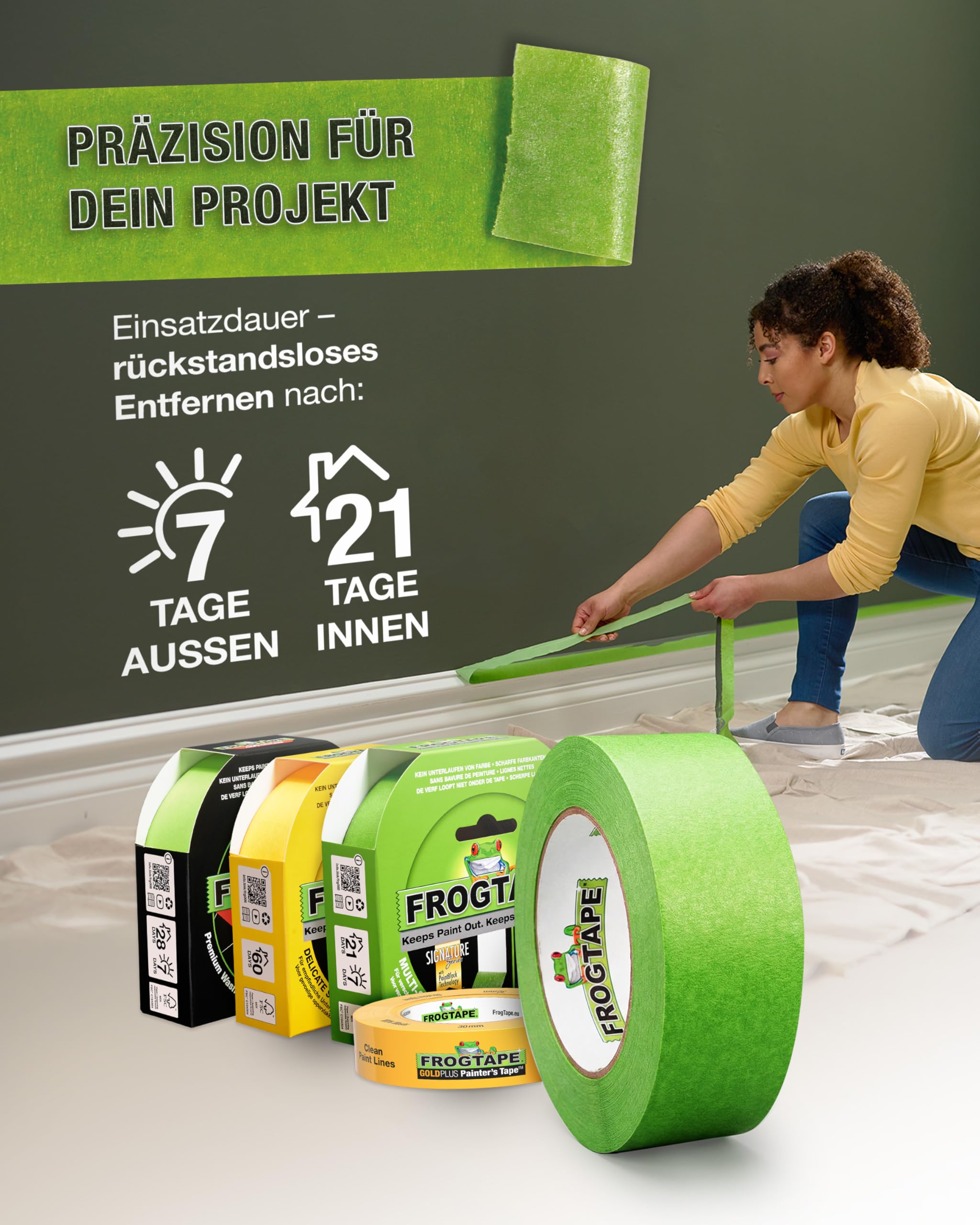 FrogTape Multi Surface Malerband Grün, 36mm x 55m, 3er Set | PaintBlock, viele Untergründe, Holz Glas Metall, Malerkrepp, scharfe Kanten