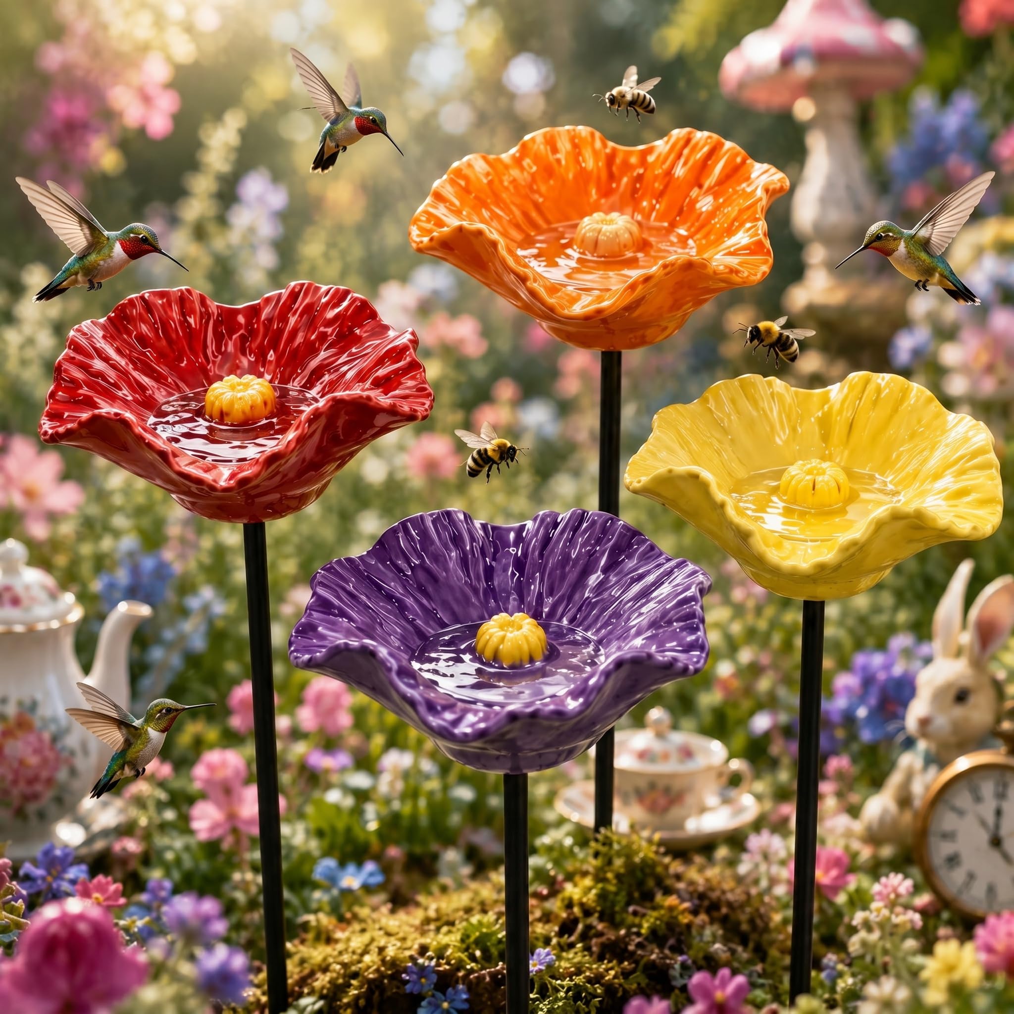 Vogeltränke Blume Bienentränke Keramik Handgemacht 4er Set Wetterfeste Blütenschalen auf Metallstäben für Garten Balkon und Beet Wasserstelle für Bienen Insekten und Vögel (4 Blüten)