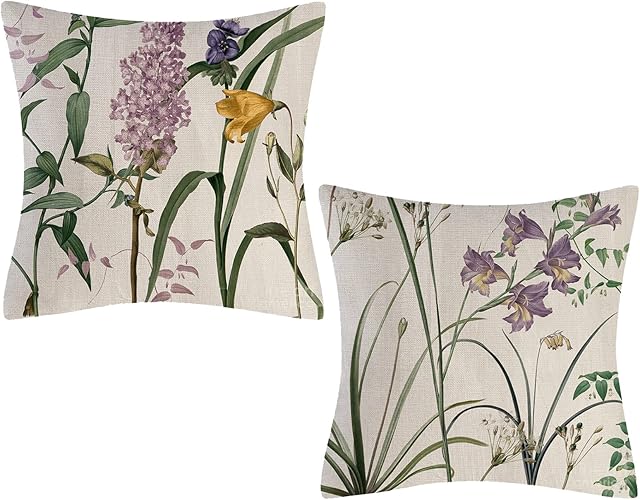 Fullfun Floral Cushion Covers with Pink Purple Flower and green leaf, Dense Linen Single Sided Print Throw Pillow Covers Decorative Throw Pillow Cases for Bedroom Sofa Chair 45cm x 45cm (2 Pack)