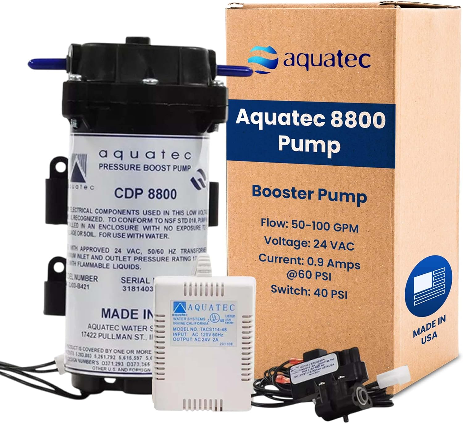Aquatec 8800 RO Booster Pump Kit with 40 PSI Switch, 120V Transformer, 1/4 Inch QC and Fittings for 3/8 to 1/4 Tubing, Produces Up to 100 GPD for Reverse Osmosis Systems