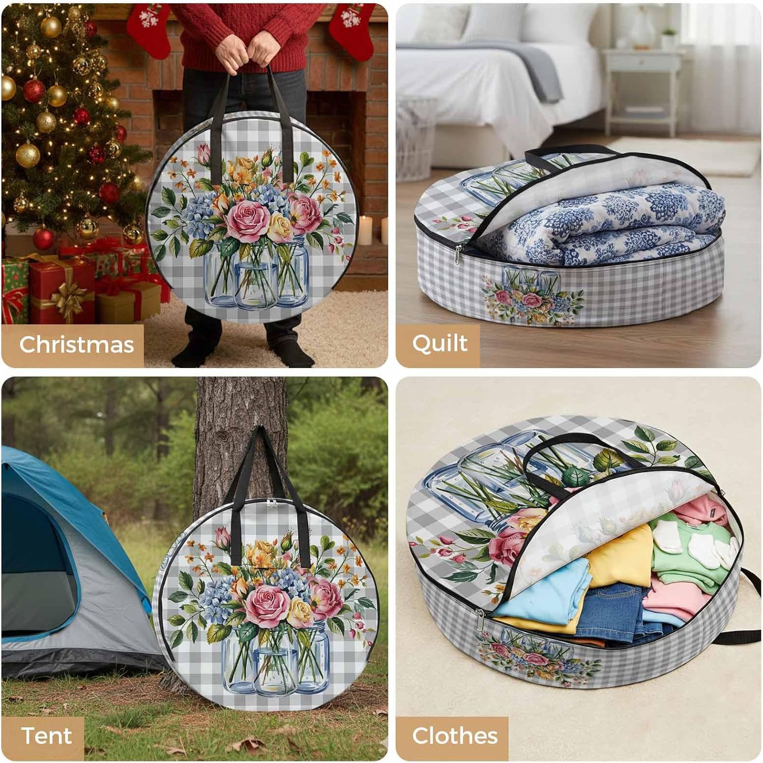 Storage Bag Flower Vase Round Storage Totes Bins Closet Organizers with Zippers & Handle Leaves Plant Grey Plaid Clothes Storage Container for Bedroom Dorm Space Saving Packing Supplies Moving Bags