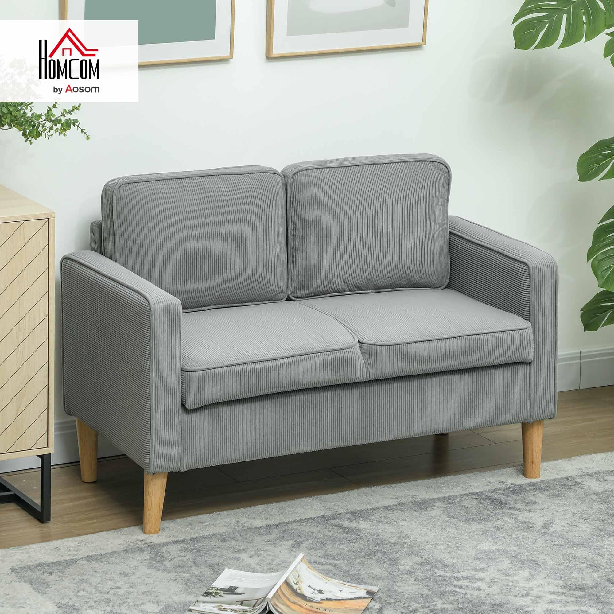 HOMCOM Sofa 2 Sitzer Couch mit 2 Armlehne Stauraum Hellgrau 117x63x79 cm | Kleine Loveseat, Cordoptik, Holzbeine, Modern Polstersofa, für Wohnzimmer, Schlafzimmer, Kleinen Raum