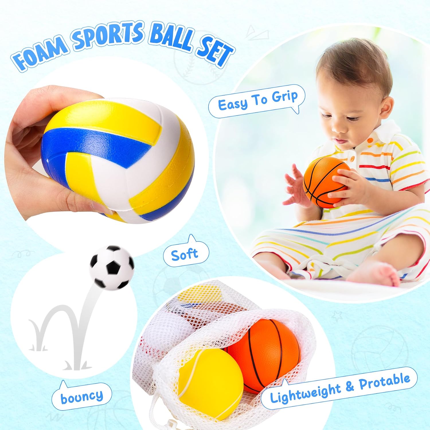 Soft Foam Sports Balls Set for Babies Toddlers, 6 Pack 3.5" Small Multi Ball Including Basketball Soccer Baseball Tennis Volleyball Football, Indoor Outdoor Play Toy Gift for Boys Girls