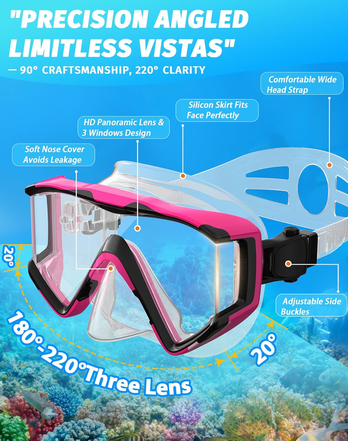 Greatever Snorkel Set Pano 3 Window Snorkel Mask Adult, Panoramic Wide View, Anti-Fog Scuba Diving Mask, Anti-Leak Snorkel Goggles Dry Top Snorkel, Professional Snorkeling Gear for Adults Pink