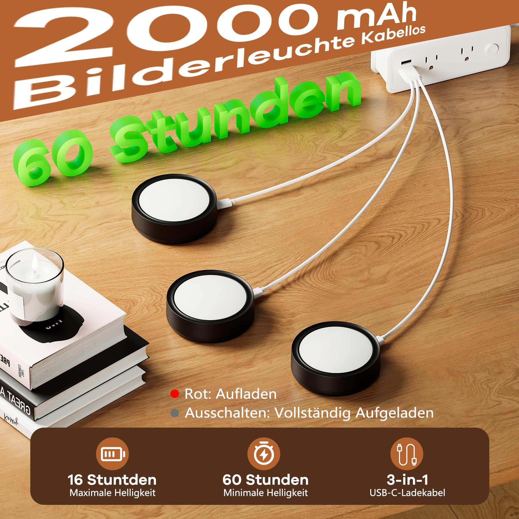 Lot de 3 lampes murales sans fil avec télécommande, éclairage magnétique sans fil avec 3 couleurs de lumière, luminosité et minuterie réglables, 2000 mAh, rechargeables, pour cadre photo, cible de