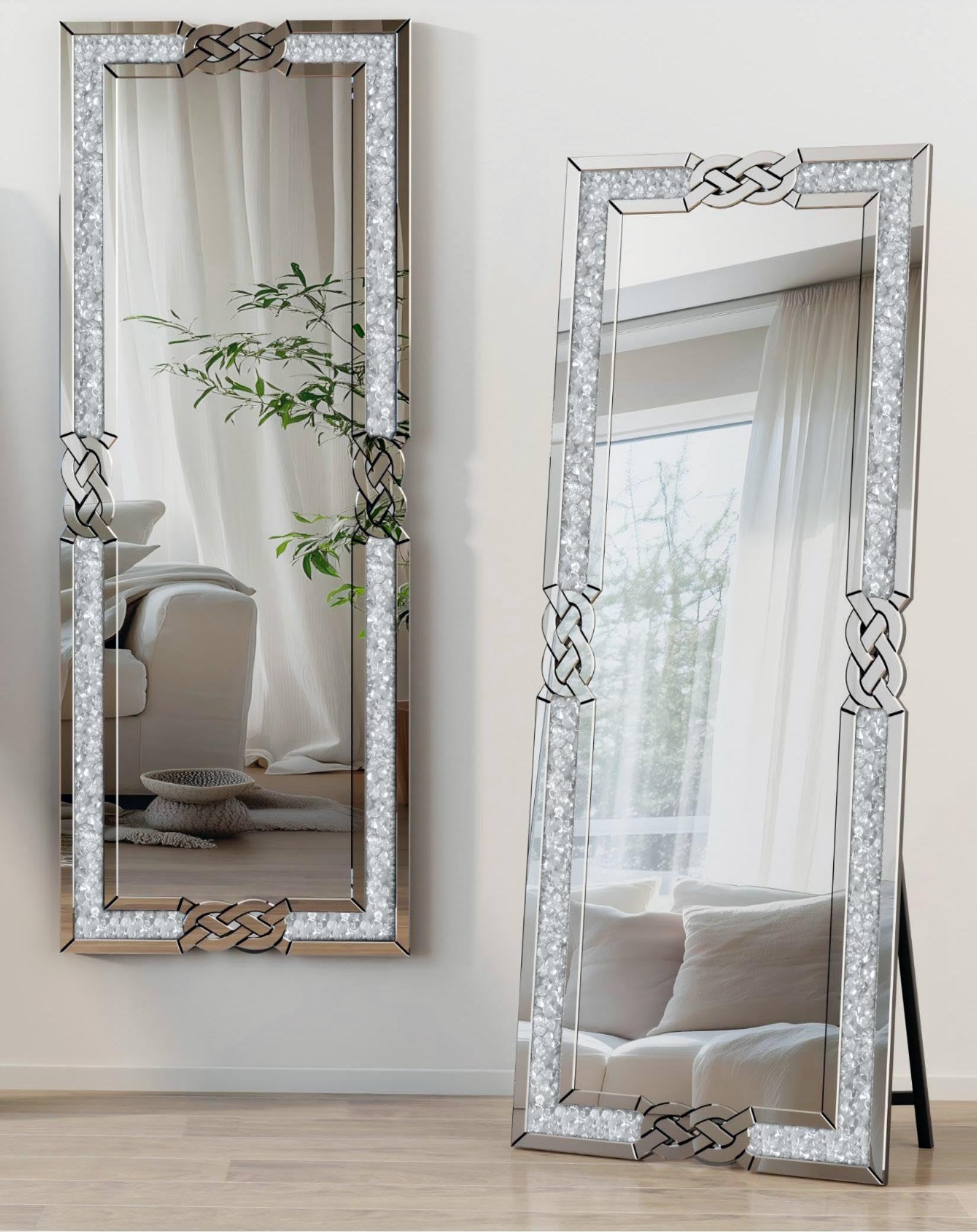 Crushed Diamond Floor Mirror: 64 x 22 inch Rectangular Full Length Vanity with Decorative Bling Crystal Rhinestones Silver Beveled Edge for Livingroom Bedroom Funcky Art Home Decor