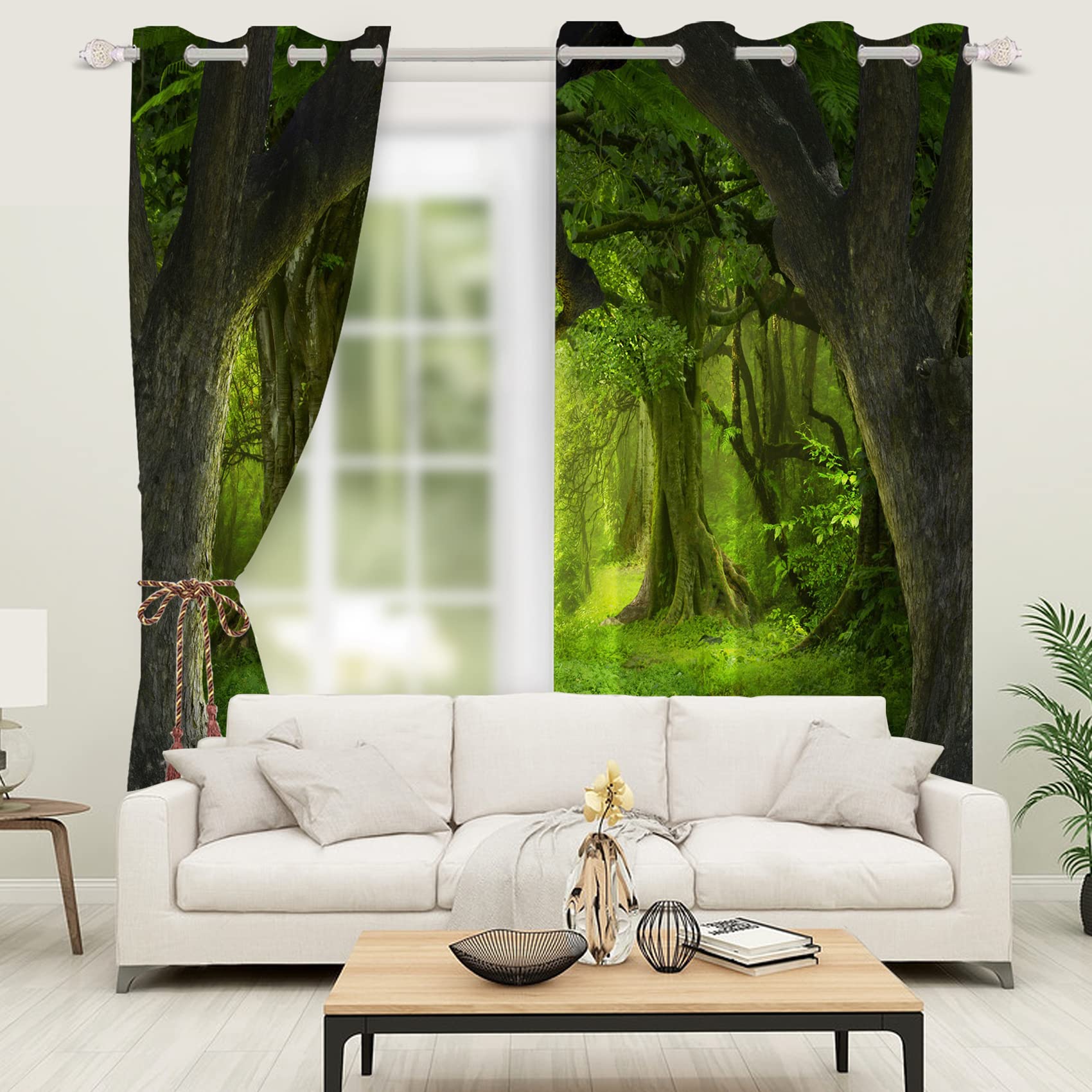 DORCEV Enchanted Forest Curtains Green Fantasy Magic Forest Window Curtains for Kids Bedroom Decor Sunshine Jungle Trees Botanical Plants Elf Fairy Tale Boys Girls Window Drapes,53x96 inch,2 Panels